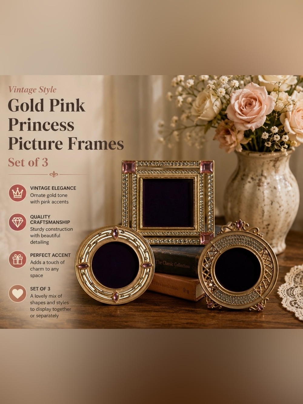 Vintage Style Gold Pink Princess Picture Frames Set of 3